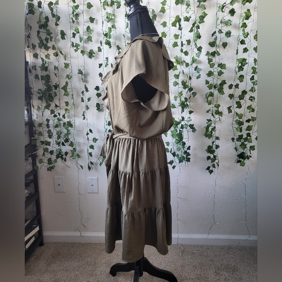 💚HP💚NWT Lauren Ralph Lauren Satin Belted Mini Dress Tiered Ruffle Hem Olive - Picture 7 of 11